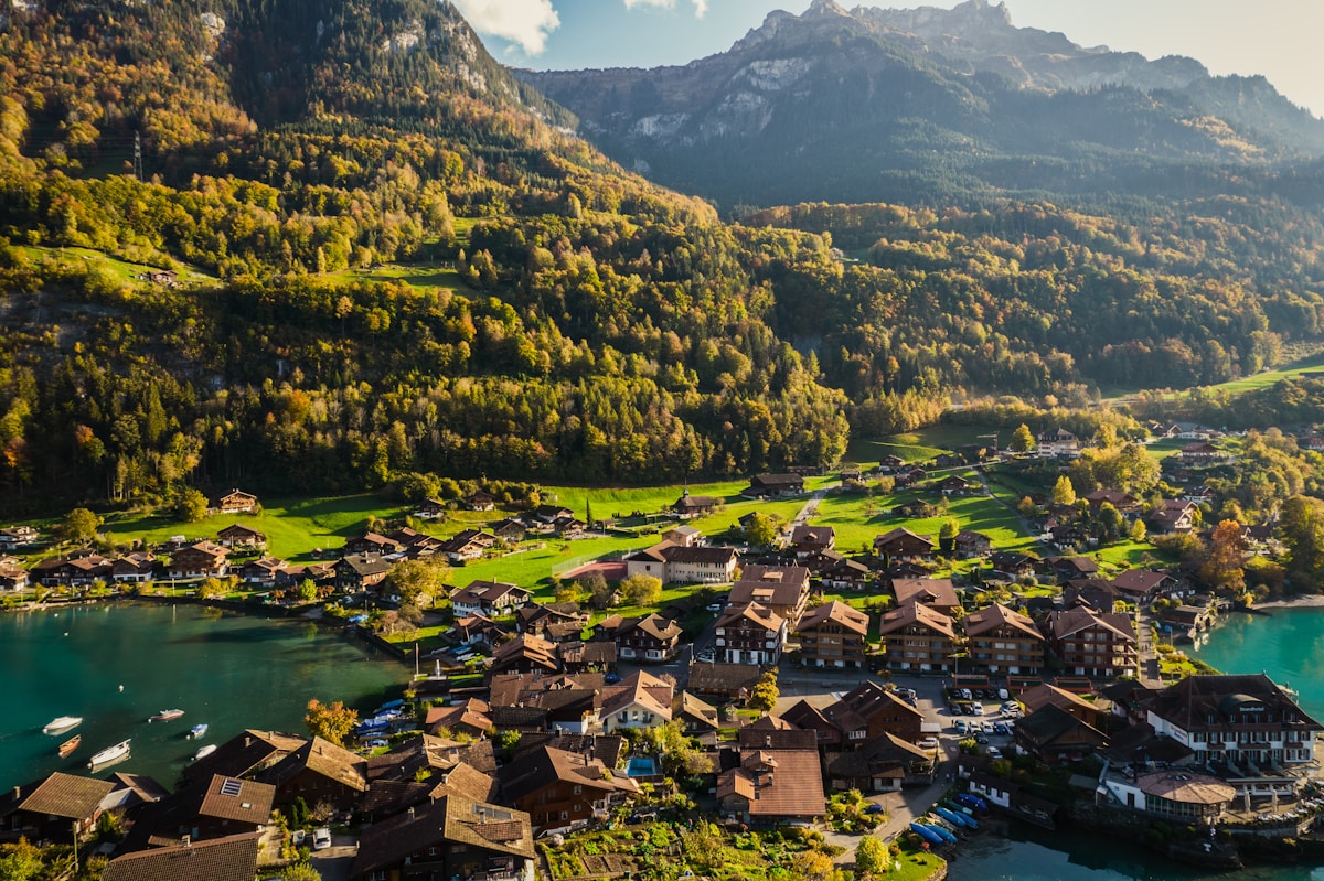 Interlaken town center with alpine backdrop and evening light